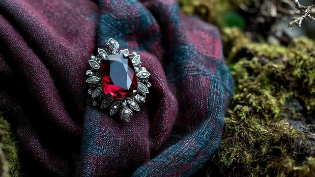 Elegant Brooch with Red Gemstone on Dark Fabric Surrounded by Lush Green Moss in Natural Setting