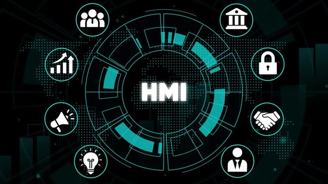H M I Human Machine Interface Technology Concept with for Business, Security, and Communication on Dark Background with Teal Accents