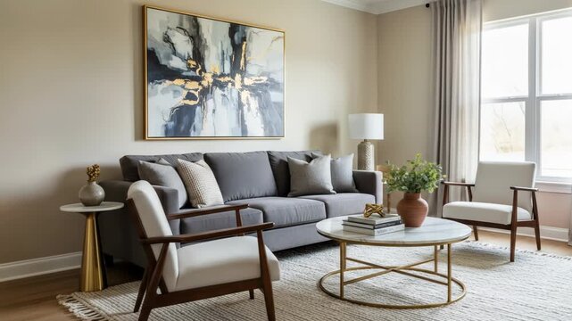 A stylish living room with a gray couch, coffee table, and armchairs