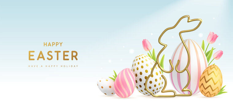 Happy Easter background with colorful easter eggs, golden rabbit silhouette and tulips. Holiday greeting card or poster. Vector illustration