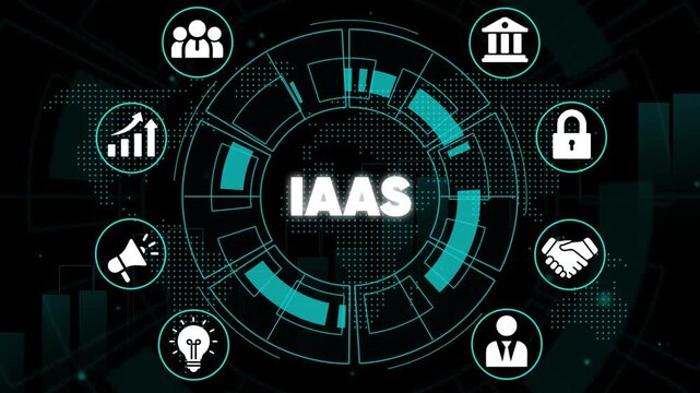 I A S Cloud Computing Infrastructure as a Service Technology Concept with Representing Different Aspects of Business and Security on a Dark Background with Teal Accents