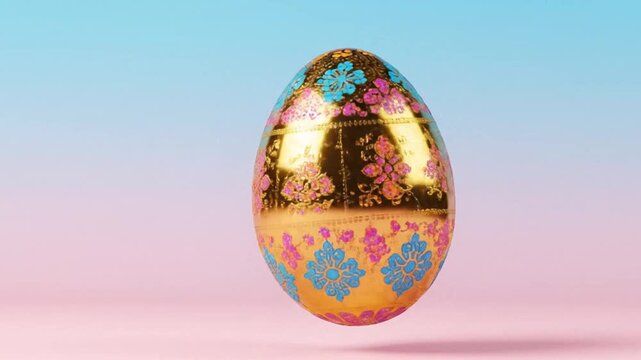 Golden Easter egg with floral patterns floating on pastel background. Luxury gold egg with pink and blue flowers. Elegant holiday ornament animation.
