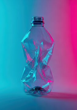 Crushed transparent plastic bottle ready for environmental recycling and waste management processing, material, lightweight, flexible