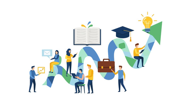 Professional Development and Education Growth Path. Flat vector illustration of people studying, learning, and achieving career success towards a bright idea.