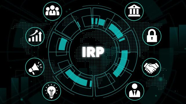 Business strategy and planning concept with I R P acronym and representing growth, security, and partnership on a futuristic background
