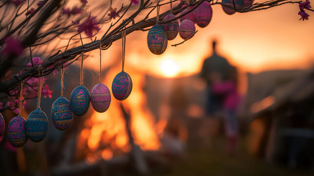 Pascua con huevos decorados en &aacute;rbol y hoguera al atardecer, una ni&ntilde;a y su padre contemplando el momento