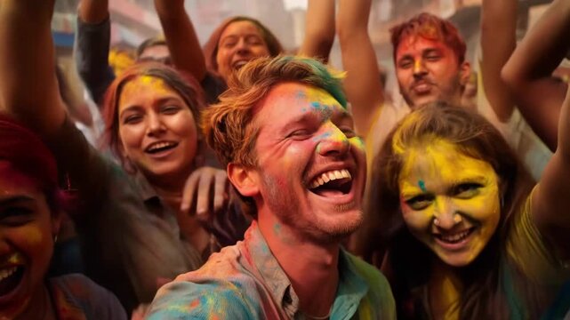 Happy people covered in vibrant powder celebrating the traditional indian festival of colors