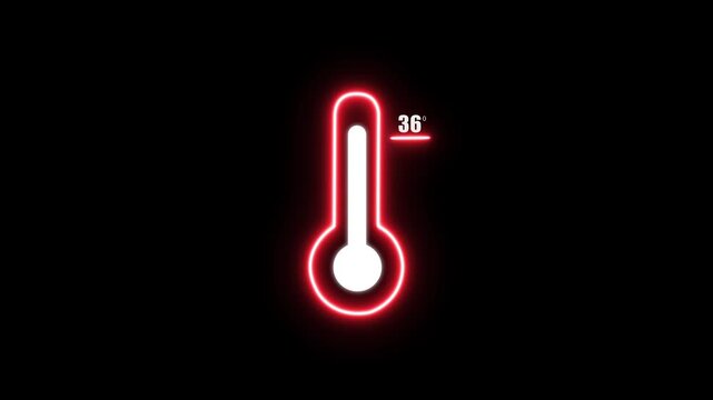 Glowing red neon thermometer displaying 36 degrees Celsius on a dark black background with a subtle glow effect