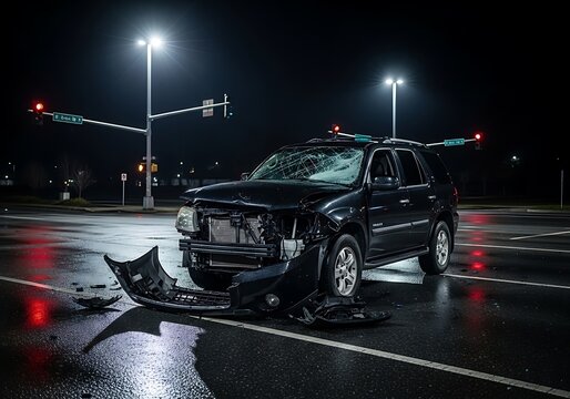 Black SUV extensively damaged in a nighttime car accident at a wet intersection with traffic lights