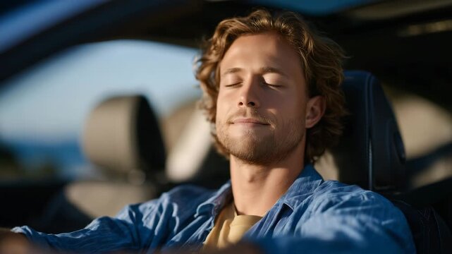 183Calm driver practicing mindfulness breathing techniques inside parked car before long road trip, promoting mental clarity, focus, and emotional balance for safe and stress free dri