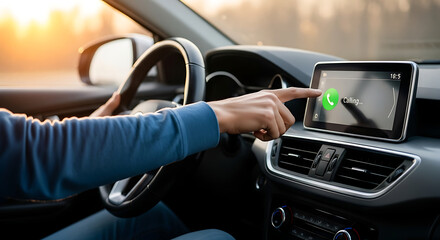 Naklejka premium Driver uses touch screen display for navigation and car features