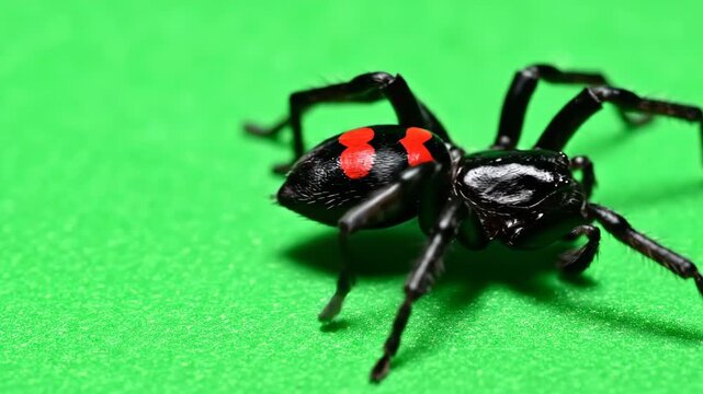 Black Widow Spider Moving on Green Background