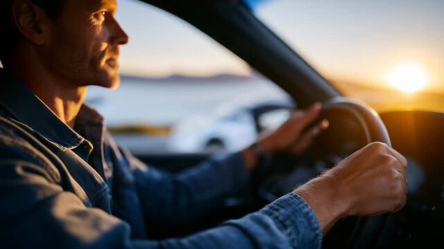 194Calm driver practicing mindfulness breathing techniques inside parked car before long road trip, promoting mental clarity, focus, and emotional balance for safe and stress free dri