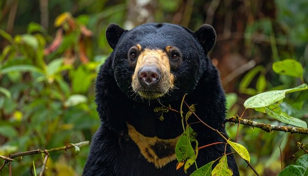 Close-up of a sun bear, its dark fur contrasting with a golden chest patch, framed by lush green foliage