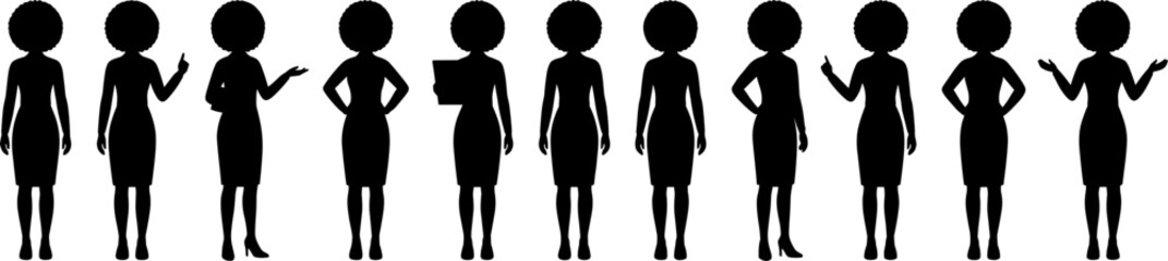 Set of eleven stylized black silhouette icons of women in dresses and heels, symbolizing posture, fashion, and body language motifs © Umme