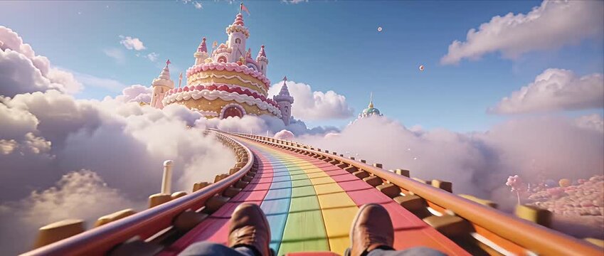 Fantasy candy castle rainbow roller coaster dream surreal sky cloud landscape with milk splash track and cotton sugar tree sweet magical path leading toward joyful adventure road colorful dessert