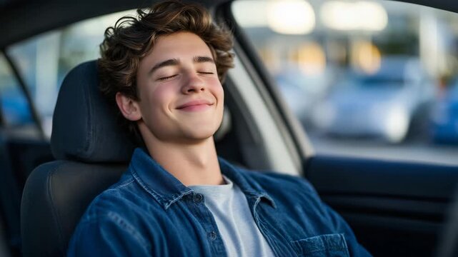 211Calm driver practicing mindfulness breathing techniques inside parked car before long road trip, promoting mental clarity, focus, and emotional balance for safe and stress free dri