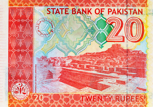 20 Rupees Pakistan Banknote with Feathering Mohenjo-daro, Larkana Sindh image. Paper money of Pakistan.