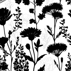 A beautiful black and white floral pattern with flowers and leaves