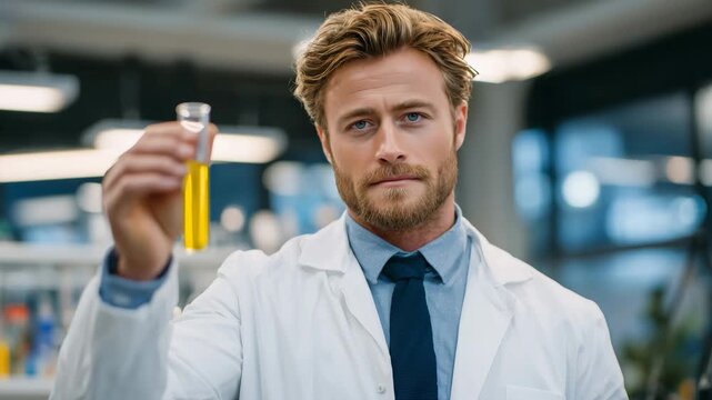 222Scientist presenting alternative protein powder sample in laboratory workspace with analytic tools in the background, sustainable nutrition development, perfect for future food and