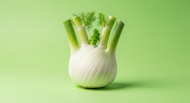 Fresh, organic raw fennel bulbs displayed prominently on a vibrant, light green background, emphasizing healthy cooking ingredients and natural textures, aromatic, organic, fresh