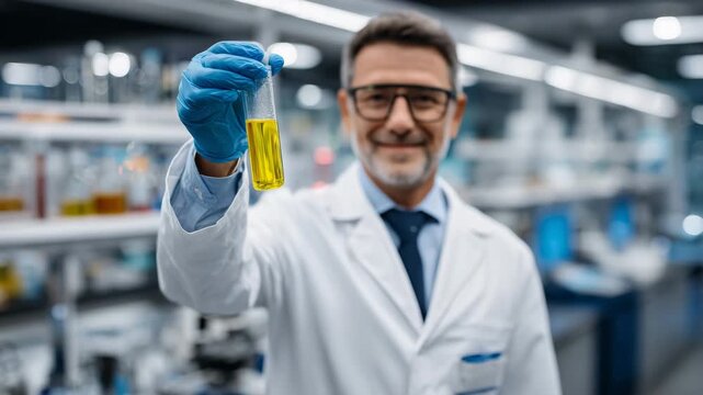 229Scientist presenting alternative protein powder sample in laboratory workspace with analytic tools in the background, sustainable nutrition development, perfect for future food and
