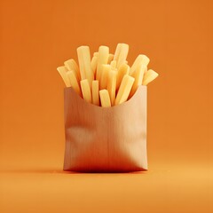 A paper bag filled with crispy French fries on an orange background