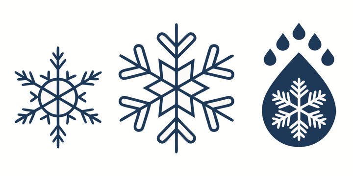 Three distinct weather icons representing snowflakes and raindrops.