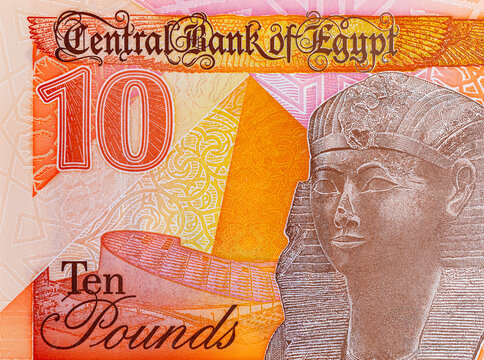 10 Pounds Egypt with the image of Pharaoh Ramses II and the pyramids. Polymer money of Egypt.