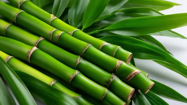 247Minimalist close up of vibrant green bamboo stems on a clean off white background, ideal for spa branding, mindfulness concepts and modern natural lifestyle design, macro view high
