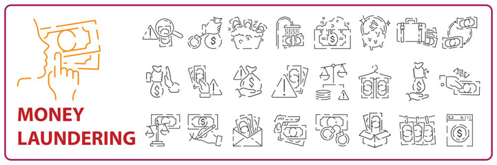 Money crime line icons fraud online thief and steal cash set phishing robbery launder money crime and tax offense financial evasion online fraud and wallet cash vector