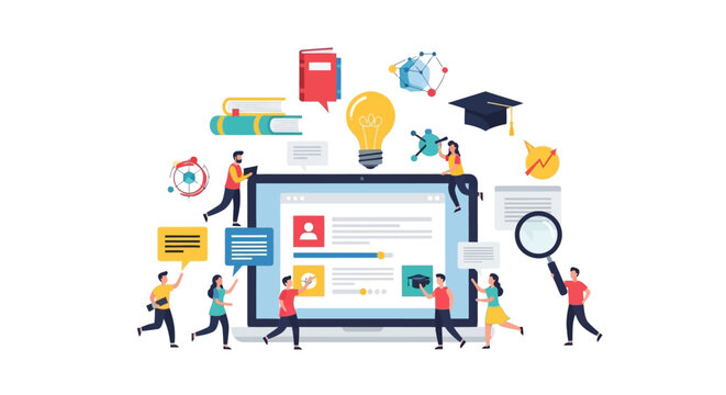Collaborative E-Learning Platform: Students study, research, and share knowledge using a digital LMS on a large laptop display.