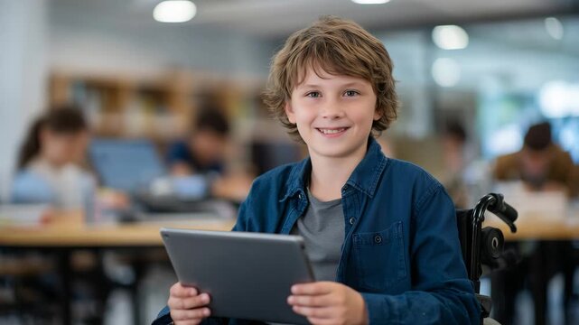 250Smiling student using wheelchair while interacting with assistive tablet software technology in modern classroom environment for inclusive education campaigns and accessibility emp