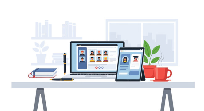 Remote E-Learning and Video Conference Desk Setup. Virtual Classroom Meeting on Laptop and Tablet Screens. Distance Education and Home Office Illustration.
