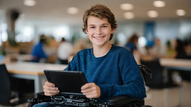 249Smiling student using wheelchair while interacting with assistive tablet software technology in modern classroom environment for inclusive education campaigns and accessibility emp