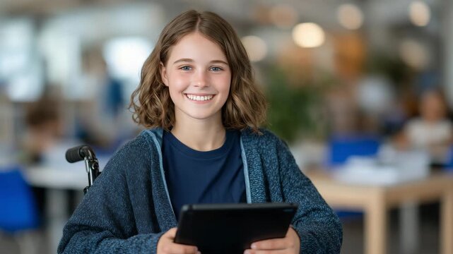 266Smiling student using wheelchair while interacting with assistive tablet software technology in modern classroom environment for inclusive education campaigns and accessibility emp