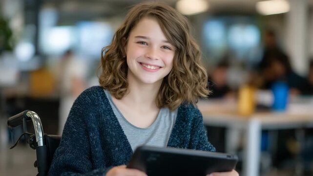 270Smiling student using wheelchair while interacting with assistive tablet software technology in modern classroom environment for inclusive education campaigns and accessibility emp
