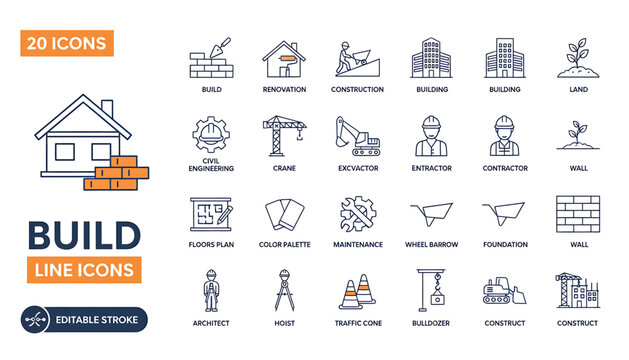Construction line icon collection. Includes house, blueprint, excavator, hammer, cement mixer, crane, hard hat, level, saw, drill, blueprint, and 10 more construction symbols. Created in simple
