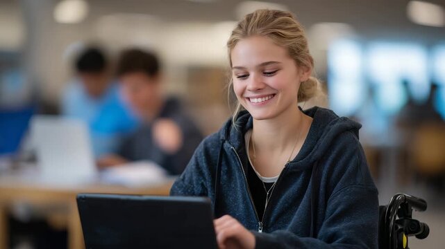 281Smiling student using wheelchair while interacting with assistive tablet software technology in modern classroom environment for inclusive education campaigns and accessibility emp