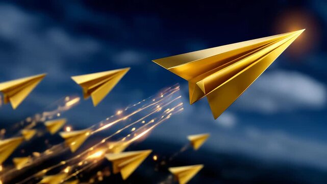 289Single glowing golden arrow flying straight and true dynamically leading large disorganized group of paper airplanes through dark sky, perfect for leadership guidance and strategic