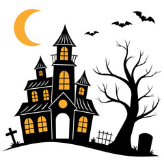 A spooky haunted house on a hill at night Vector