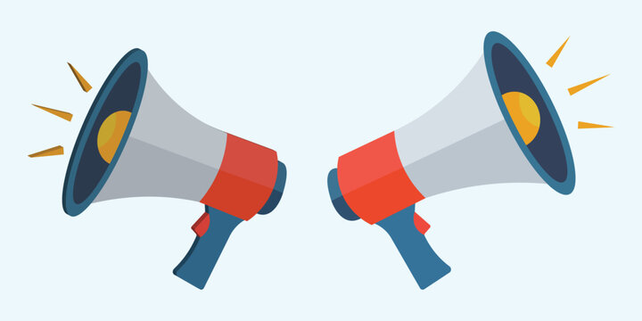 Two loudspeakers or megaphones facing each other with sound waves