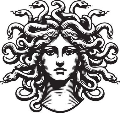 Medusa Gorgo head with snakes sketch engraving generative ai raster illustration. Scratch board imitation. Black and white