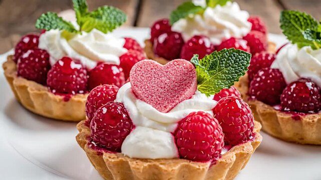 Raspberry Tarts with Whipped Cream and Mint.
