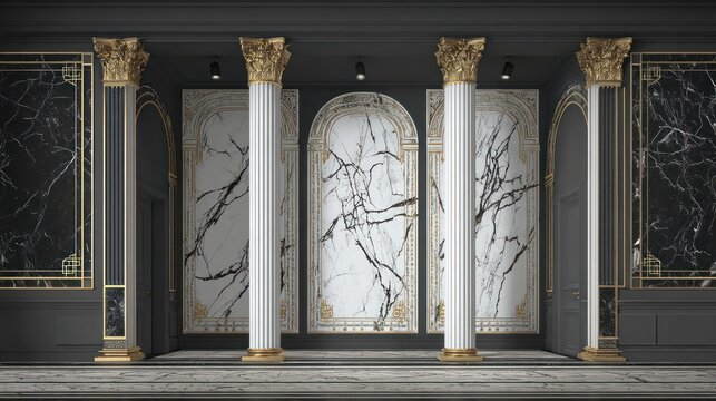 Elegant interior design with marble walls and classical columns