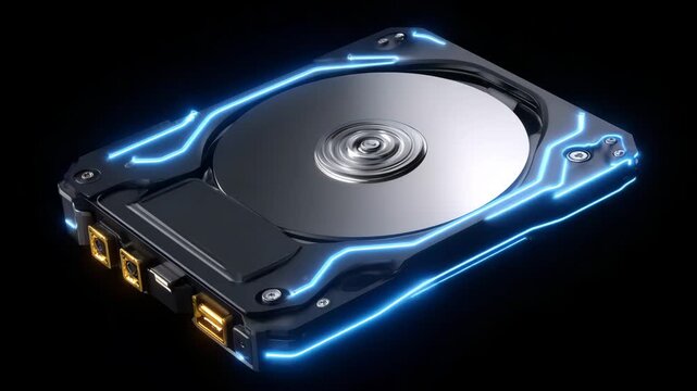 325Hard disk drive internal storage device on dark background, used in computers and servers for secure data storage, backup, enterprise infrastructure and digital technology systems.
