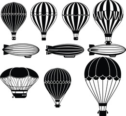 Hot air balloon and airship silhouettes set vintage aviation transport collection with dirigible and balloon designs vector illustration for travel adventure concept © Hasem Creative