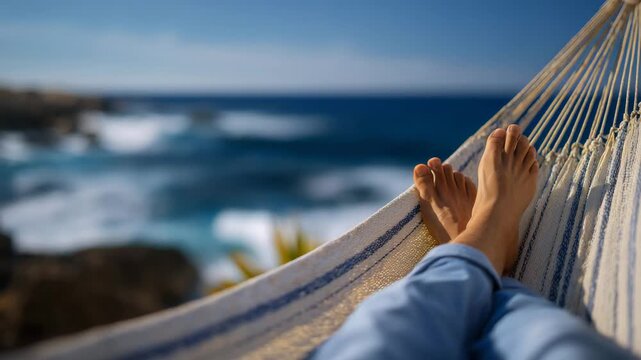 330Man relaxing in hammock beach vacation, barefoot and wearing casual vacation clothes, soft sand under feet visible, warm sunlight reflecting off water, peaceful and restorative vac