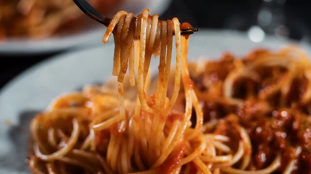 Close up of spaghetti with a rich red sauce twirled on a fork