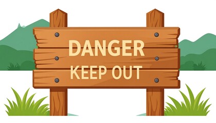 Cartoon illustration of a wooden signpost. The sign reads "DANGER KEEP OUT" against a scenic background